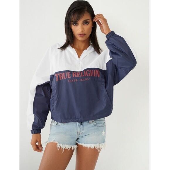 NWT True Religion‎ Cropped Windbreaker Pullover Jacket Women's XL $139 Msrp - Picture 1 of 7